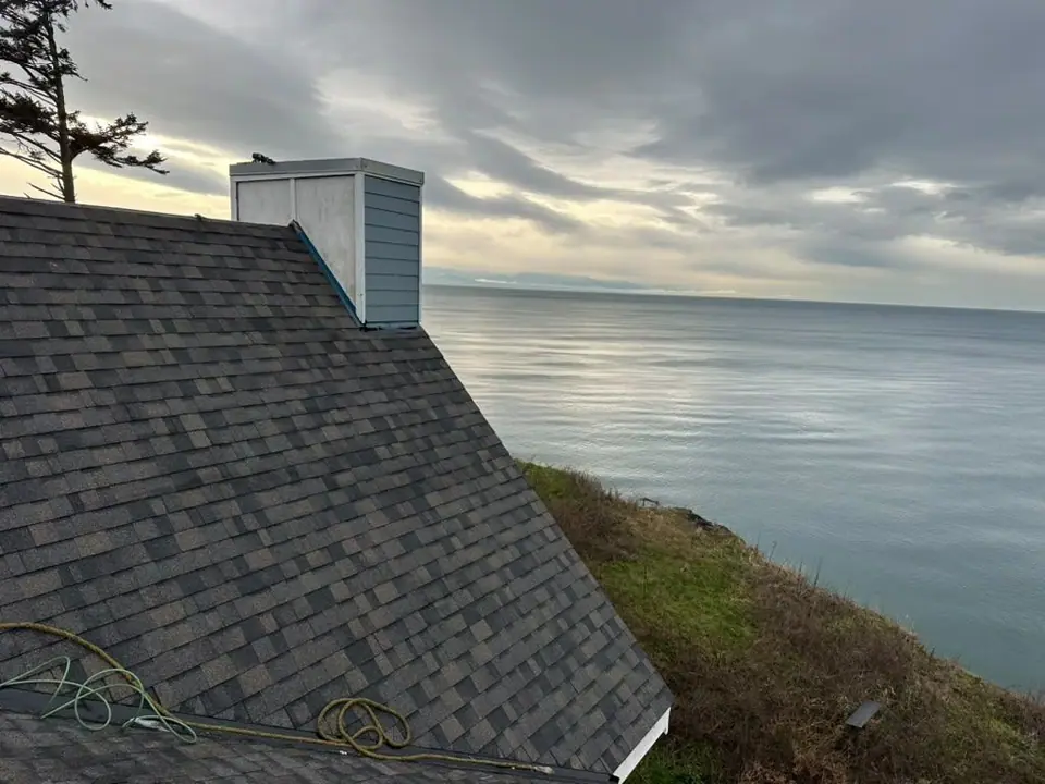Finished architectural shingles above the water