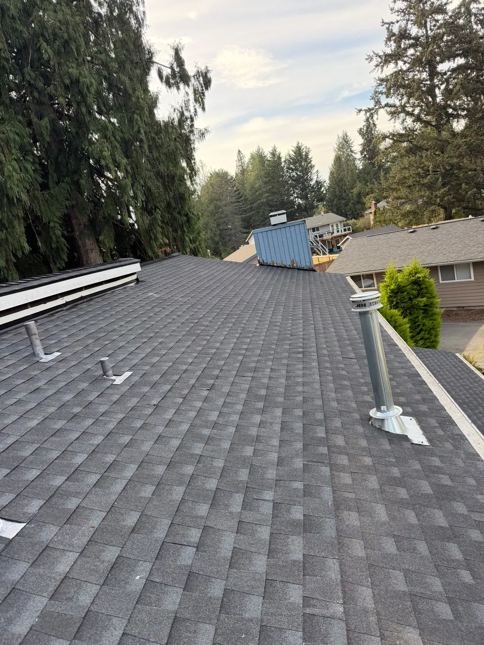 New shingles with ridge vent and pipe flashings