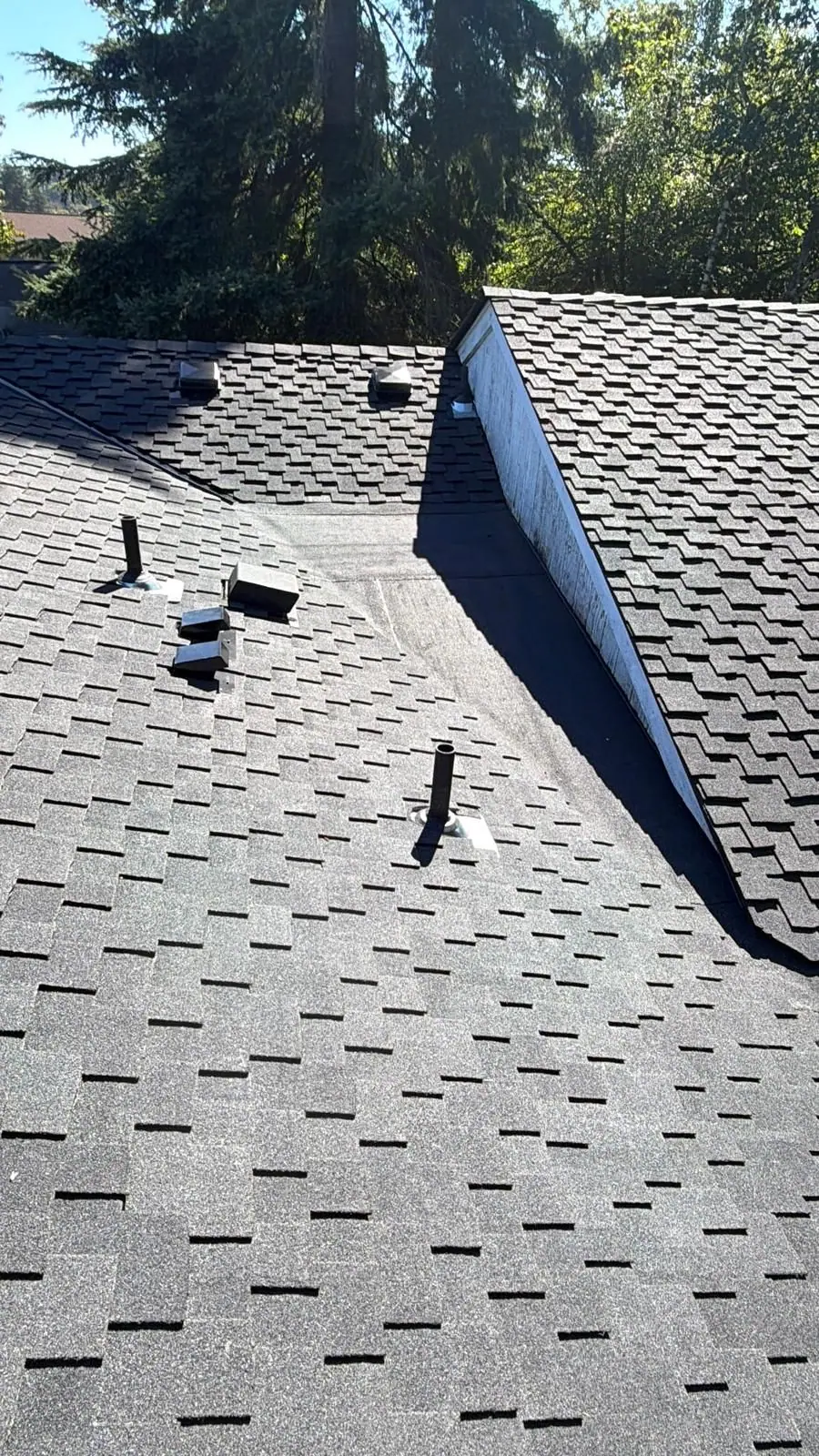 Finished charcoal shingles and pipe flashings